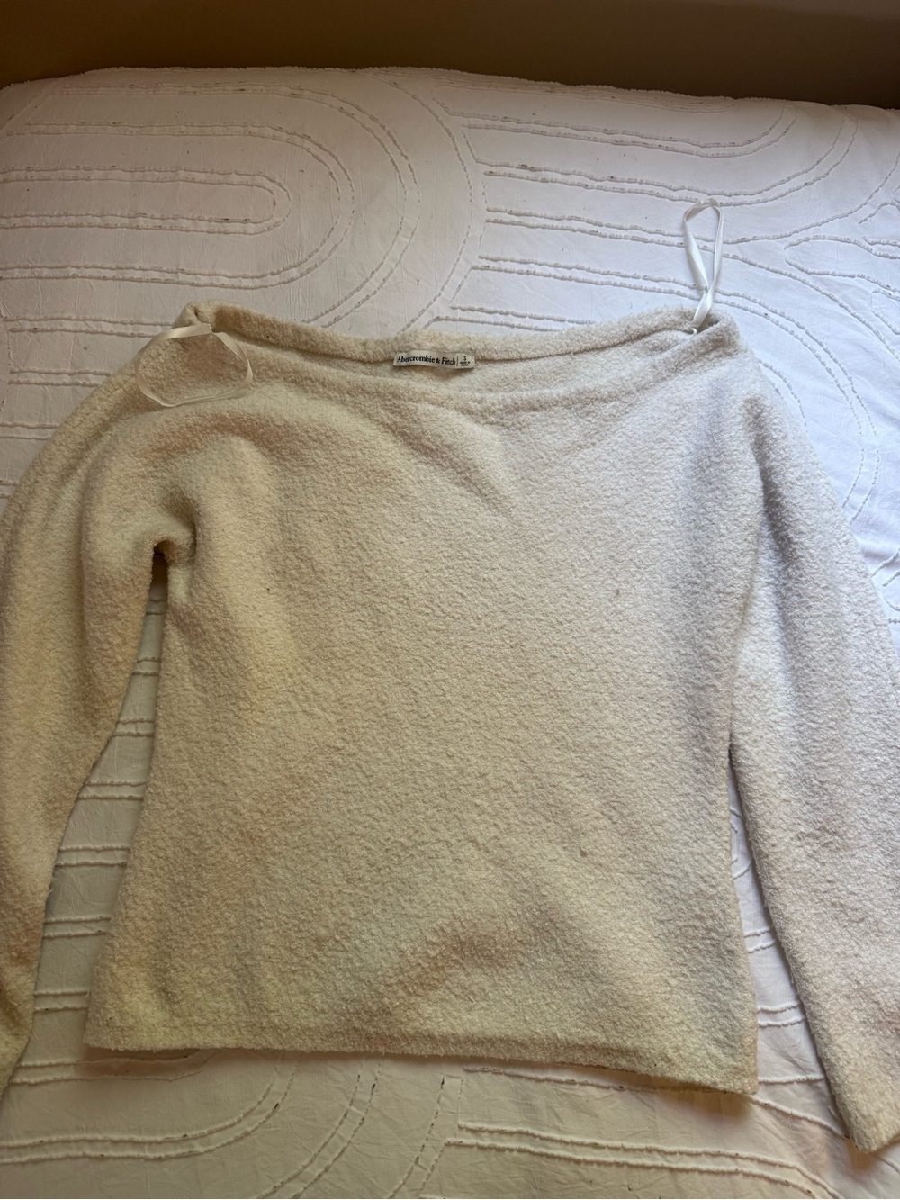Abercrombie & Fitch Cream Off-the-Shoulder Bouclé Sweater